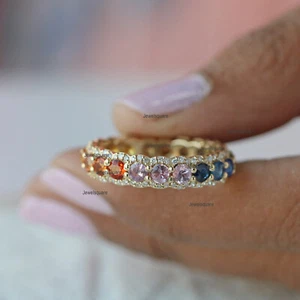 Multi Sapphire & Real Diamond Eternity Wedding Band Ring 14k Yellow Gold Jewelry - Picture 1 of 8