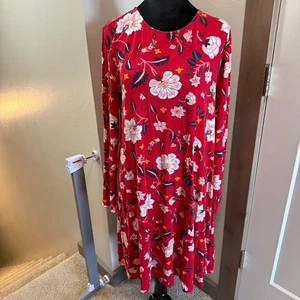 Old Navy Long Sleeve Floral Oriental Stretchy Dress Midi Red White Casual L - Picture 1 of 7