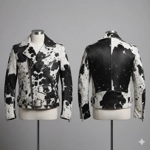 Chaqueta de cuero de vaca genuina pelo negro blanco motociclista estilo marca motocicleta - Imagen 1 de 2