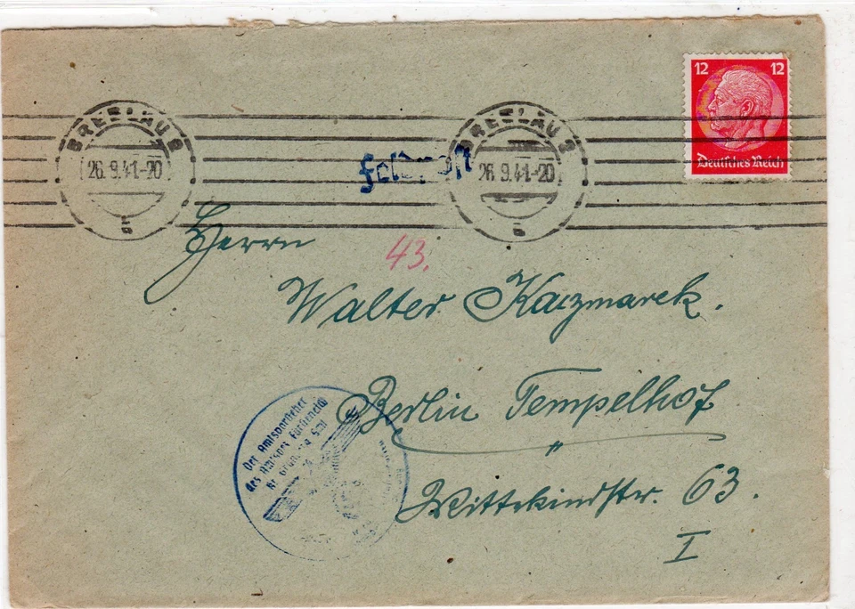 Feldpost-Brief Breslau  1941, MST Stempel Der Amtsvorsteher.... - Bild 1 von 1