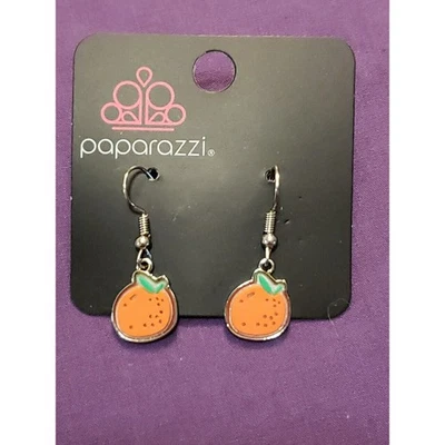 Pendientes colgantes Paparazzi naranja en forma de fruta en metal tono plata, nuevos en tarjeta Foto 1 de 4