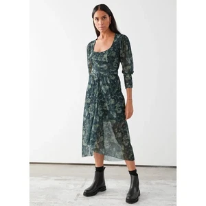 & Other Stories Gathered Square Neck Green Floral Midi Dress - Picture 1 of 9
