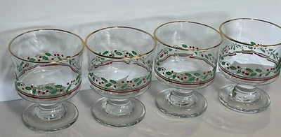 4 Vintage Arby's Libbey Gold Rim Christmas Dessert Dishes Glasses Holly Berry - Image 1 of 4