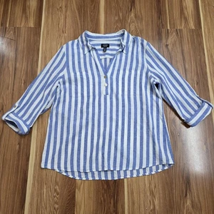 Jones New York Linen Blend Shirt Womens Large Blue White Striped Seersucker Boat - Picture 1 of 7