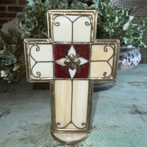 Beautiful Ornate Stained Glass and Metal Cross Votive Candle Holder 7.5" Tall - Picture 1 of 7