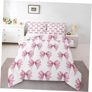  Girl Pink Bowknot Size Comforter Set Watercolor Ribbon Bow Full Multi 2825 - Picture 1 of 8