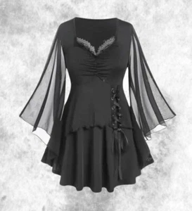 Nuevo Top Blusa Negra Medieval Gótica Manga Acampanada Corsé Peplum Talla M 14 16 18 - Imagen 1 de 4