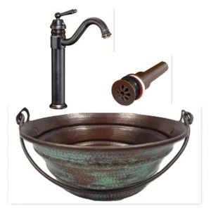 15" Round Copper BUCKET Vessel Bath Sink Green Patina with ORB Faucet & DD Drain - Picture 1 of 5