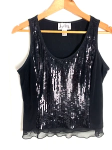 Joseph Ribkoff black sequin fronted vest top, chiffon hem trim, size 12, used - Picture 1 of 5