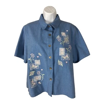 Bonworth Top Women Size XL Blue Button Down Embroidered Flowers Short Sleeves - Image 1 of 4