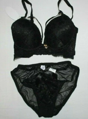 Black Satin-Lace push-up Bra & Panty set Size 30B US - Image 1 of 4