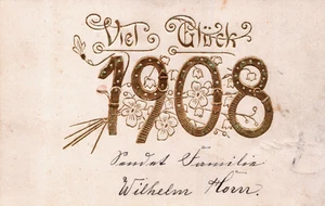 Feliz Año Nuevo 1908 Trébol Cuatro Hojas Grabado Postal Vintage B260 - Imagen 1 de 2