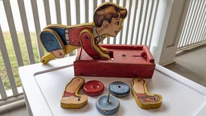 TEILE Fisher-Price RAR ca. 1941 Holz #140 "Untersetzer Junge" Junge mit Wagen RAR - Bild 1 von 15