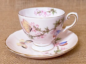 Vintage Tuscan Light Pink Butterfly Floral Tea Cup Saucer Set Bone China England - Picture 1 of 10