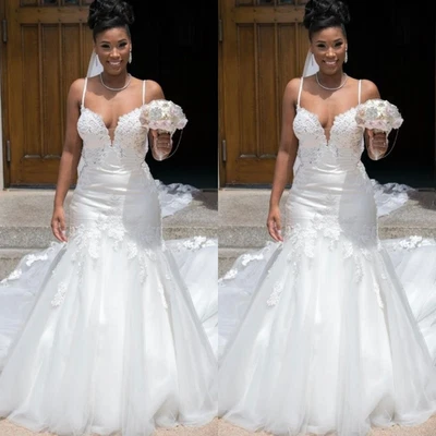 African Mermaid Wedding Dresses Sweep Trian Sleeveless Elgant Tulle Bridal Gowns - Image 1 of 4