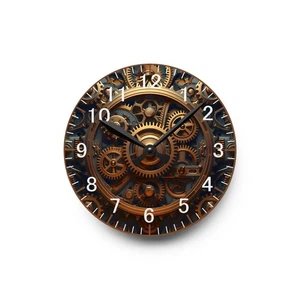 Steampunk Gear Clock, Mechanical Acrylic Wall Clock, Brass Look Blue Background, - Picture 1 of 13