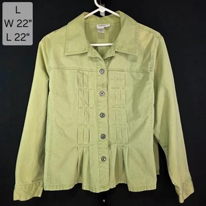 Coldwater Creek Jacket Womens L Green Pleated Pintuck Button Front Stretch Twill - Picture 1 of 6