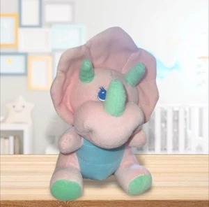 Rare Pink Blue Embroidered Eyes Green Triceratops Baby Plush Rattle Toy - Picture 1 of 5