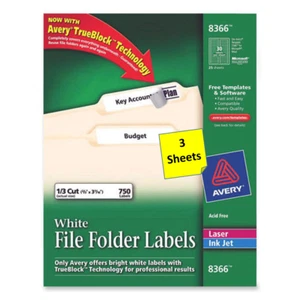 [3 Sheets] Avery 8366/5366 File Folder Labels White 1/3 Cut 2/3"x3-7/16" Las/Ink - Picture 1 of 1