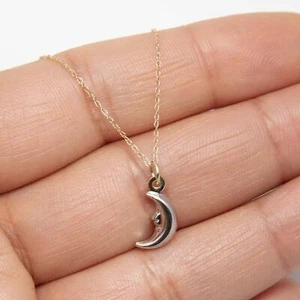 Mini Moon Crescent Charm Pendant Necklace Real 10K Yellow White Gold All Sizes - Picture 1 of 5