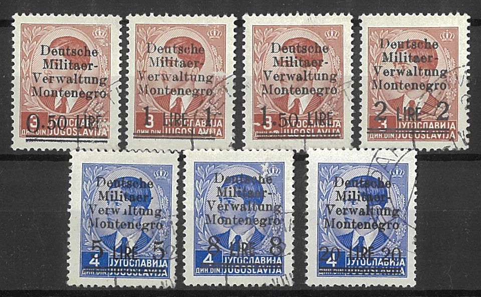 Montenegro 1943 Ovpt on Yugoslavia Stamps 7 Values Per Favour Cancels #EU187-ew - Image 1 of 1
