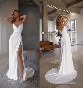 V Neck Wedding Dresses Spaghetti Strap Sheath Beaded Split Lace Ruche Train New - Picture 1 of 16