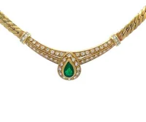 Emerald Diamond Gold Necklace 18k Yellow Teardrop Centerpiece Braided Chain - Picture 1 of 7
