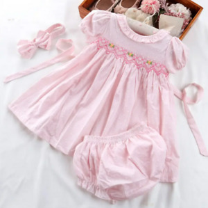 Pink Hand-Smocked Embroidered Dress for Toddler Girls Baby Girls Smocked Dress