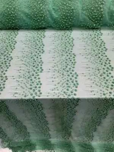 Sage Green Floral Embroidered Mesh Lace Fabric with Pearls, Geometric Design - Picture 1 of 12