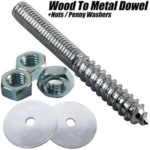 M10 WOOD TO METAL DOWELS HANGER BOLTS THREADED FURNITURE SCREWS + WASHERS / NUTS