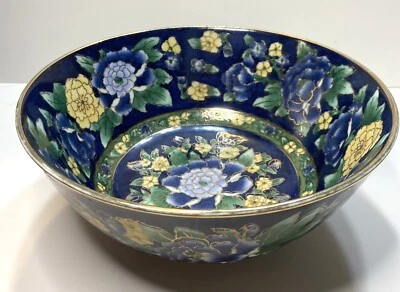 Tigela floral vintage Andrea By Sadek esmalte cloisonné azul cobalto 10 polegadas deslumbrante - Imagem 1 de 4