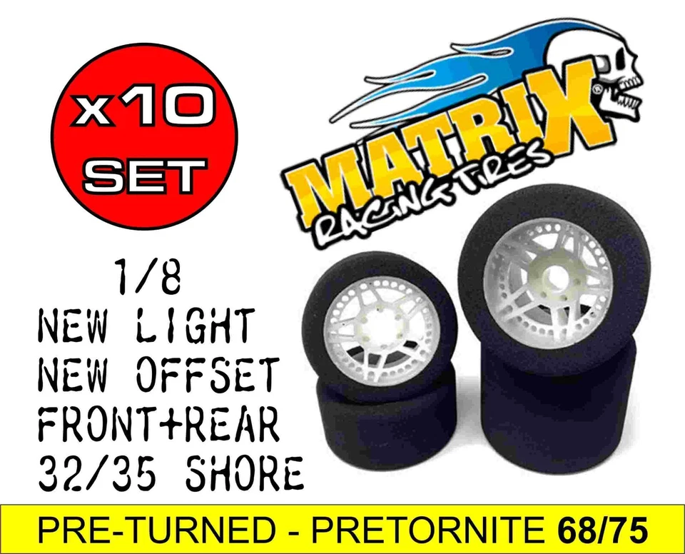 10 SET RUOTE GOMME MATRIX  1/8 ON-ROAD NEW LIGHT  NEW FIVE PRETORNITE PRE TURNED - Immagine 1 di 1