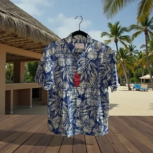 Kahala Floral Print Hawaiian Shirt Button Down Blue Ivory Men’s Size Medium NWT - Picture 1 of 8