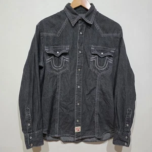 True Religion Shirt Mens Medium Grey Joey Super T Denim Snap Long Sleeve USA - Picture 1 of 9