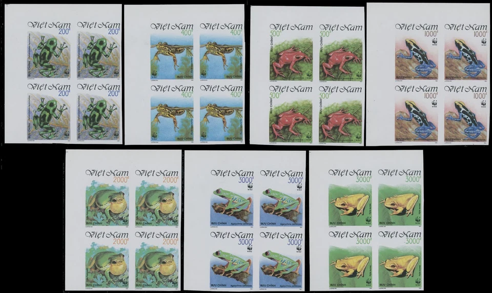 1991, VIETNAM, WWF-FROGS, IMPERF SET IN CORNER BLOCKS OF 4, SCOTT #2275-81 IMP - Image 1 of 1