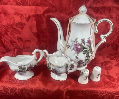 #RD1 VTG ROSES COFFEE TEA POT, SALT & PEPPER JAPAN SUGAR  & CREAMER NUMBERED - Image 1 of 4