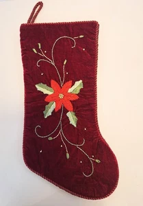 Maroon Velvet Christmas Stocking Poinsettia 18” Vintage Prima Creations Soft - Picture 1 of 4
