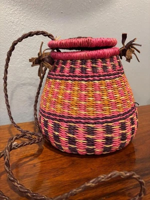 Handwoven Basket Bag with Leather Strap: Colorful Boho Crossbody Purse - Image 1 of 4