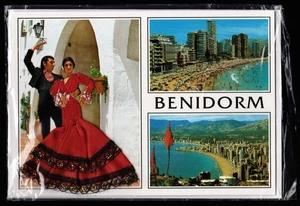 Benidorm Multi View Flamenco Dress Embroidered Silk Spain Postcard - Picture 1 of 2