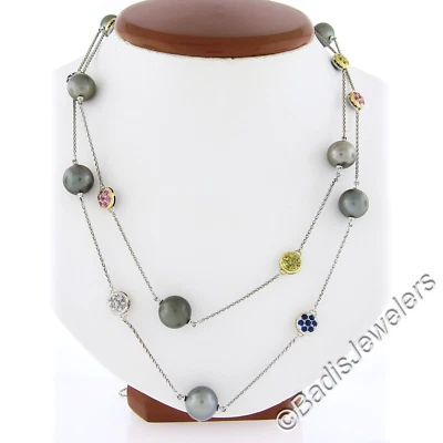 18k Gold 46" Long Chain Necklace w/ Tahitian Pearl Sapphires & Diamonds Station - Image 1 of 4