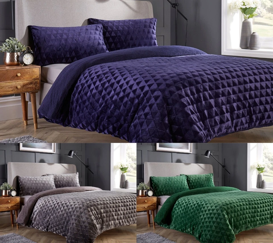 LONDON DREAM Diamond Geo Style Reversible Teddy Fleece Cosy Duvet Cover Set with Pillowcases