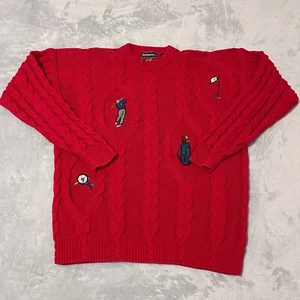 Hathaway Sweater Men Large Red Cable Knit Pullover Golf Fisherman Embroidered - Picture 1 of 12