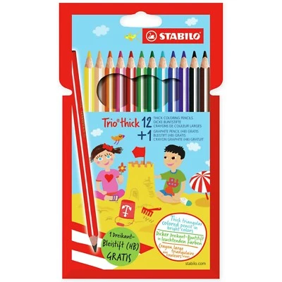 STABILO Trio Épais Coloré Crayons Portefeuille De 12 Variés Couleurs + 1 - Photo 1/2