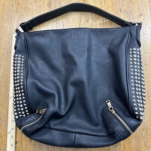MMS Top Zip Blk Leather Stud Crystal Bling Bag Purse Gold Hardware Boho Relaxed - Bild 1 von 10