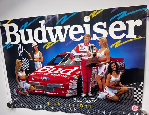 Vintage NASCAR Budweiser Racing Team Bill Elliott  Bud Girls Poster 28x20” Beer Cover