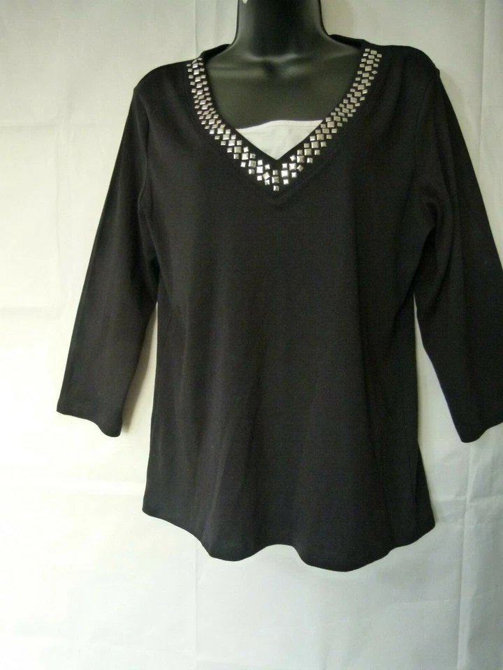 Karen Scott Women’s Knit Top Cotton Blend Embellished V-Neck 3/4 Sleeve Black - Image 1 of 4