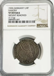 1555 SAXONY GERMAN STATES SILVER 1/4 THALER AUGUST I COIN NGC VERY FINE* - Picture 1 of 2