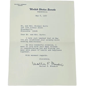 1967 Senator Walter F. Mondale signierter Glückwunschbrief - Autogramm - Bild 1 von 1