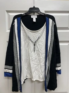 Cardigan Alfred Dunner Twofer con top attaccato e collana nero blu bianco XL usato in ottime condizioni - Foto 1 di 6