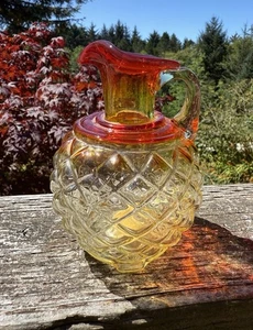 Vintage 5” Kanawha Red Yellow Diamond Cut Art Glass Cruet Small Pitcher - Picture 1 of 11